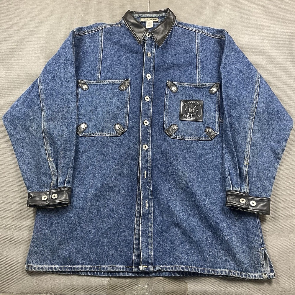 Vintage Paco Sport Jacket Mens XL Blue Denim Jean Chore Button Up Y2K Pockets